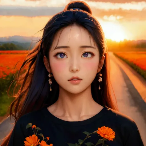 Asian woman with a round face,Detailed face, Korean girl makeup,Has very detailed eyes,Long hair,Ponytail,ผมสีดำPonytail,Long hairเป็นพิเศษLong hair 2 เมตร , Blown up by the wind,Wearing a dark blue plaid short-sleeved shirt,On a country road, Warm light,E...