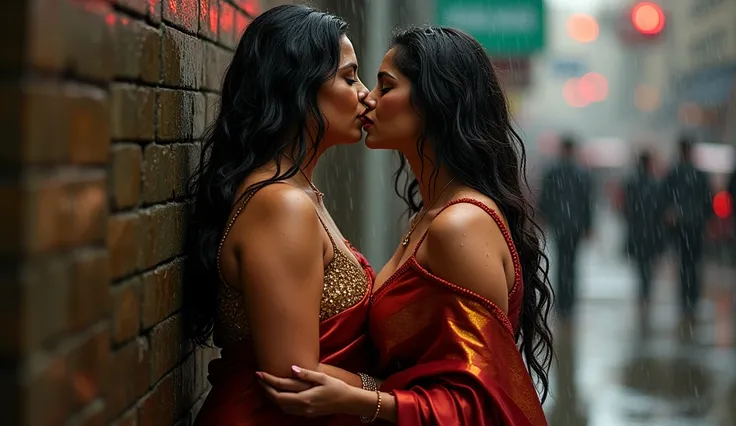 Two married woman milf kissing passionately each other in rain pinned each other against wall very big breast rubbing together big tight ass sexy figure  in street  wearing satin saree party wear shinning saari passionately kiss staring hatefully each othe...