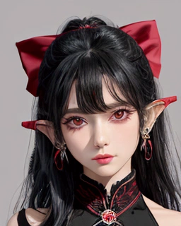 High resolution, Blushing, Black hair, Red Eyes, jewelry, Hair band, Hair bow decoration, earrings, Pointed ears, Shine, 