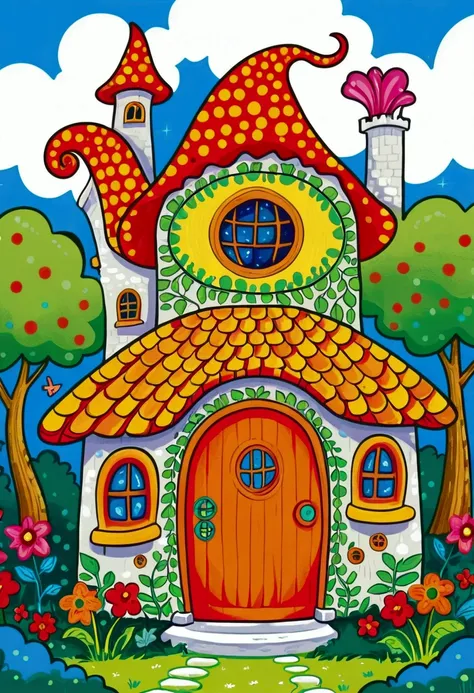 cartoon fairy tale house，there is a door and a door with a window, colorful book illustration, colorfull illustration, coloring ...