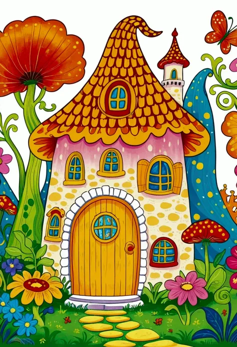 cartoon fairy tale house，there is a door and a door with a window, colorful book illustration, colorfull illustration, coloring ...