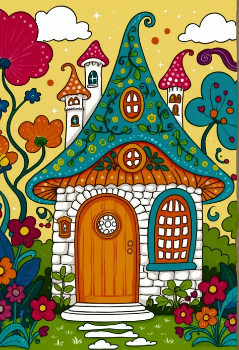 cartoon fairy tale house，there is a door and a door with a window, colorful book illustration, colorfull illustration, coloring ...