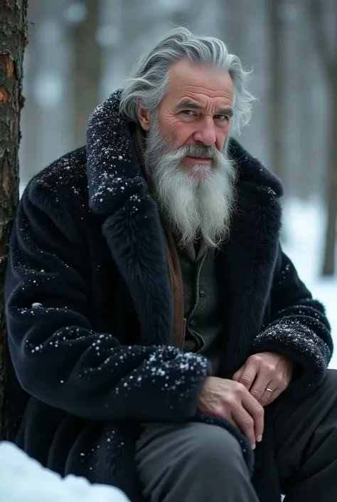 1 man ,70 years old , with a long gray beard, earshot of goals  , dressed in a long black fur coat,  wearing wellies   , winter , the forest, There is a hookah next to it , Filling an image, in detail, High detail, quality, high quality, 