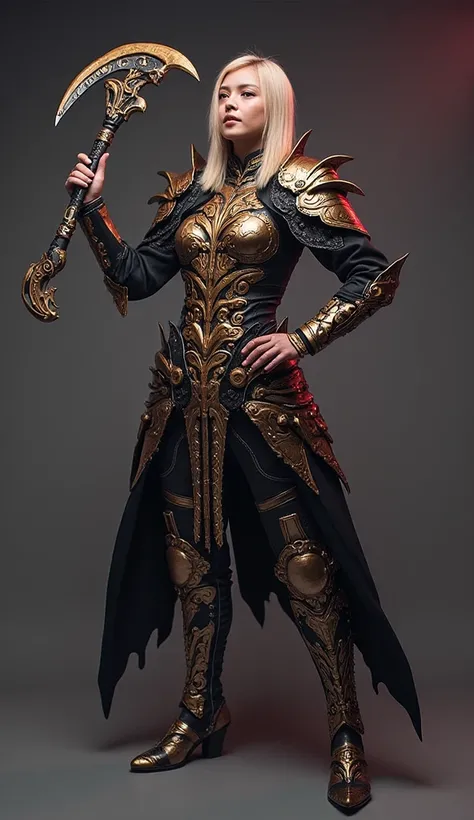 Full body image of a beautiful female warrior with large breasts. She wears armor with a visible chest and intricate details in demonic, biomechanical, cybernetic, and steampunk styles. She wields a large scythe that glows red. The symmetrical and realisti...