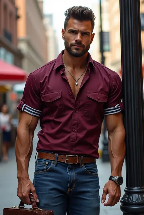 handsome attractive man, muscular in casual clothing, Spectacular fashion  burgundy and white oxford shirt, burly bodybuilder, close up, with a briefcase in his hand on the street ,  recargado en un poste ,  big bulge, big butts 