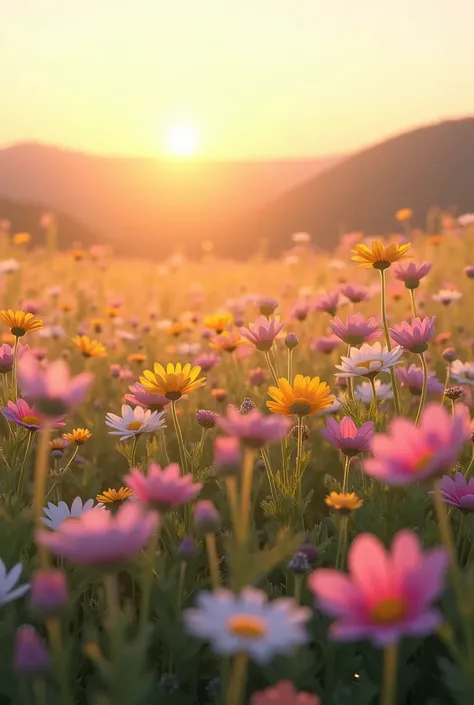  a field of wildflowers at sunrise—the colors vibrant, scattered naturally across the landscape. The early morning light brings a soft glow, and the whole scene feels free, wild, and full of lif