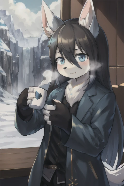 Boy with wolf ears　Blue long hair　Snow Mountain　Snowstorm　On the Cliff　Kind Face,Holding a metal mug in each hand,Steam is rising from the mug,(The right move),(Correct finger) Looking at this