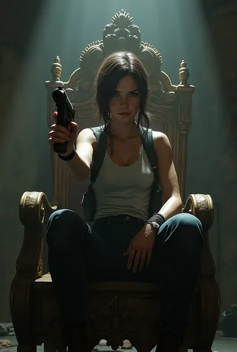 Ellie from last of us two, sitting in a throne, white vest top and dark blue jeans, pointing gun at the camera