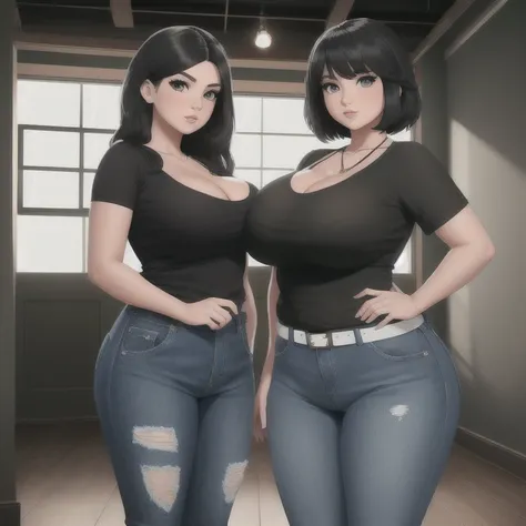 Two cute petite slightly chubby emo 1 mexican sisters, one with short hair and one with long hair, beautiful detailed eyes, cutely detailed lips, extremely detailed cute eyes and face, busty, voluptuous breasts, deep cleavage, v neck t shirt tucked in belt...