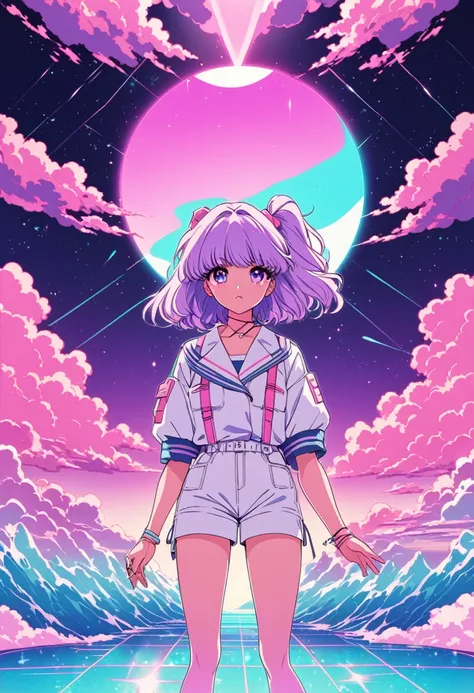 Imagene an artwork full of 80s vaporwave aesthetics, Heavily enfluenced by Yoko Honda&#39;s estilo artístico vívido, But takeng a menimalist approach. Imagene a retro-futuristic beach and pool scene at sunset, El cielo brilla de un rico color naranja, penk...