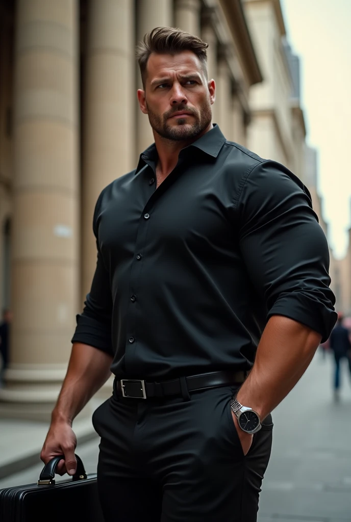 handsome attractive man, muscular in casual clothing, Spectacular fashion  black oxford shirt, burly bodybuilder, close up, with a briefcase in his hand on the street ,  recargado en una columna griega de cantera, big bulge, big butts 