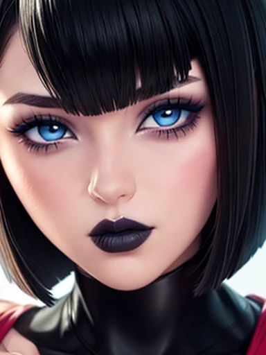 Close up of an emo girl, black hair bob cut with bangs, blue eyes, eyeliner and eyeshadow, perfect detailed face, rosy cheeks, full lips and, lipstick negro,  big tits and heavy, looking at the viewer in a flirtatious and seductive way 