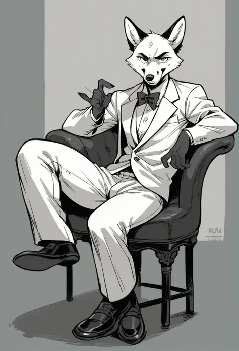 A fox, Black and white fur, wearing white suit, sitting on a chair, pose, posing, boring gesture, cover one&#39;s mouth, flowers around, window, Furniture, clouds and sunset in the background.