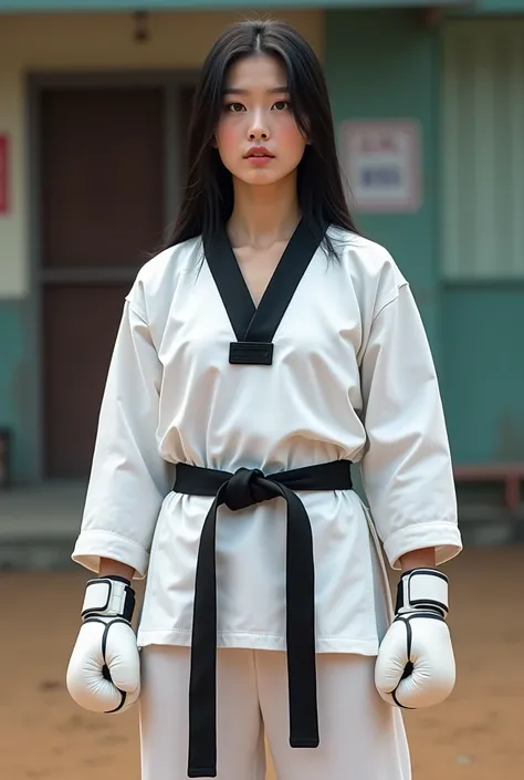 masterpiece, ultra details, best quality, 1 sexy korean tall taekwondo girl, masterpiece, ultra details, best quality, black long straight hair, 190cm tall, wearing white World Taekwondo Federation dobok uniform with “black V-neck”, wearing long taekwondo ...