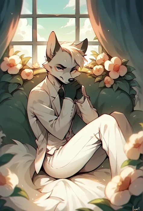 A fox, Black and white fur, wearing white suit, sitting on a chair, pose, posing, boring gesture, hands clasped in middle position, flowers around, window, Furniture, clouds and sunset in the background.