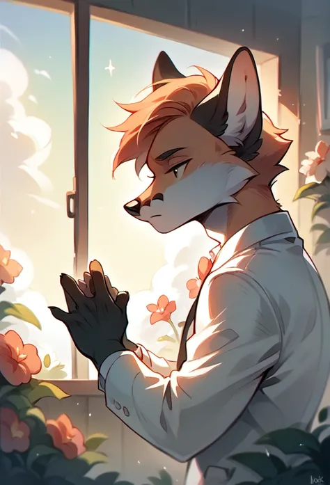 A fox, Black and white fur, wearing white suit, stopped, pose, posing, boring gesture, hands clasped in middle position, flowers around, window, Furniture, clouds and sunset in the background, half body angle shot.