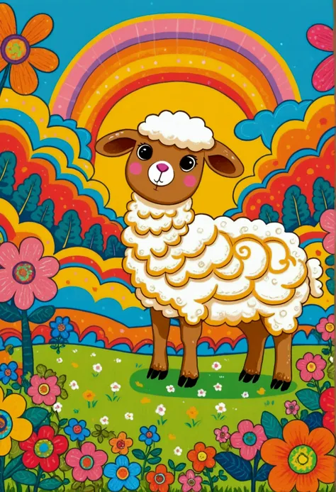 cartoon sheep in the fields of flowers, trees and grass, by pasitha abad (pacita abad) inspired digital painting, shutter stock ...