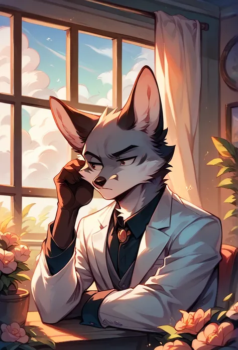 A fox, Black and white fur, wearing white suit, stopped, bored, head tilted, mirAndo Al espectAdor, while fixing his suit, flowers around, window, Furniture, clouds and sunset in the background, half body angle shot.