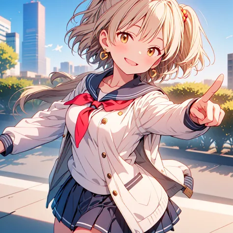 masterpiece, Best Quality, High resolution, Himza, short hair, Antenna Hair, Brown eyes, School uniform, Blue tie, Black jacket, open jacket, Long sleeve, Black Skirt, rooftop, Standing, smile, Outstretched arms, city, blue sky,Sailor collar jacket,White j...