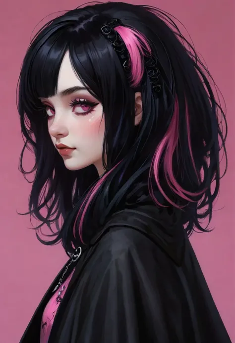 a pretty young gothgirl, black hair with two pink separate locks of hair