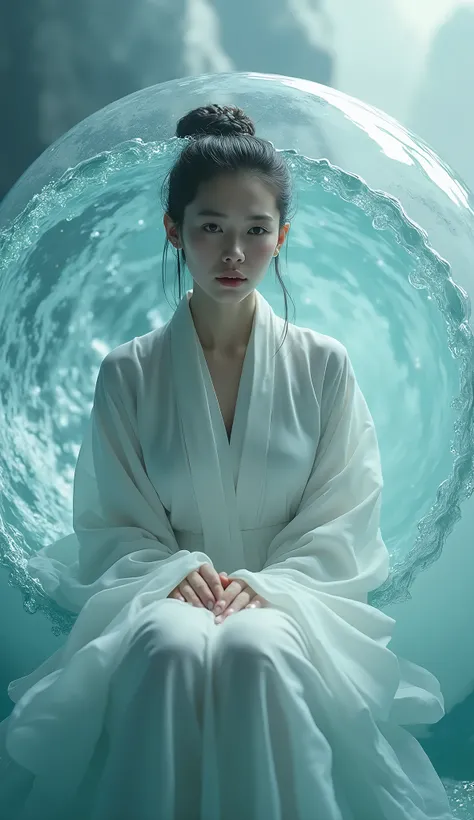 ((Highest Quality)), ((Masterpiece)), (Details), A woman wearing Hanfu sat in a floating sphere. The woman stared at me solemnly. There was a woman in the floating sphere. . Hanfu is a retro style from the Wei, Jin, Southern and Northern Dynasties. The sph...