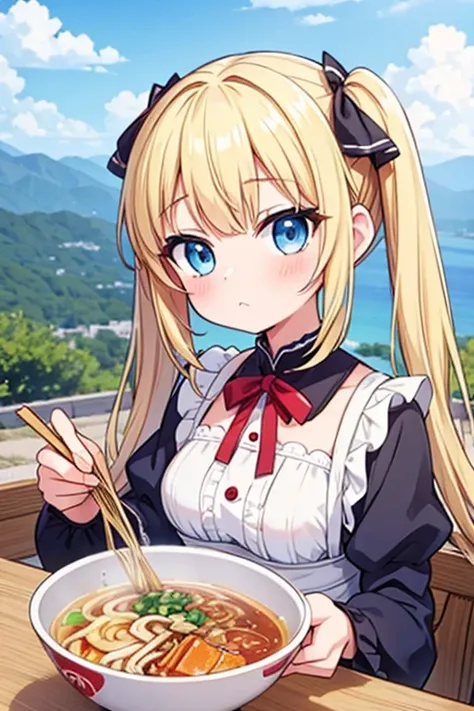 Eat a mountain of ramen,Highest quality,Blonde with blue eyes、Lolita、Small breasts、Twin tails、girl&#39;mischief,smile,,Bean sprout ramen towering like Mount Everest,