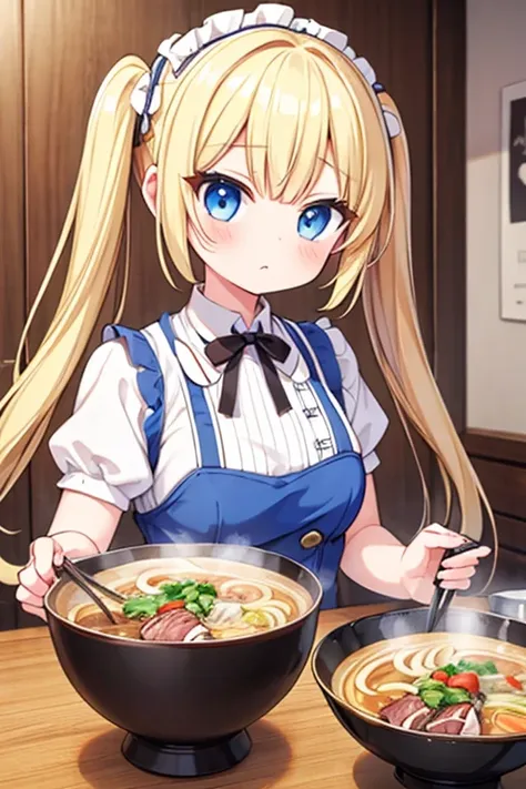 a bowl of beef noodle soup,highest quality,blonde with blue eyes、lolita、small breasts、twin tails、girl&#39;mischief,smile,,a rame...