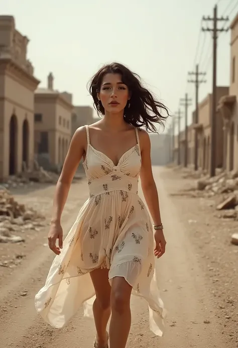 beautiful long hair woman wearing a floral sun dress, long dark hair flowing in the warm breeze running through a war zone