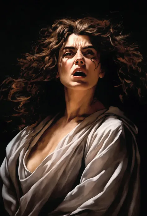 caravaggio painting; high contrast; a beautiful woman, tortured and enraged, feral and animalistic, detailed facial features, intense eyes, flowing hair, tattered clothing, dramatic lighting, cinematic, moody colors, dark fantasy, 4k, highly detailed, phot...