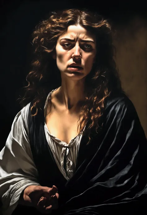 caravaggio painting; high contrast; a beautiful woman, tortured and enraged, feral and animalistic, detailed facial features, intense eyes, flowing hair, tattered clothing, dramatic lighting, cinematic, moody colors, dark fantasy, 4k, highly detailed, phot...