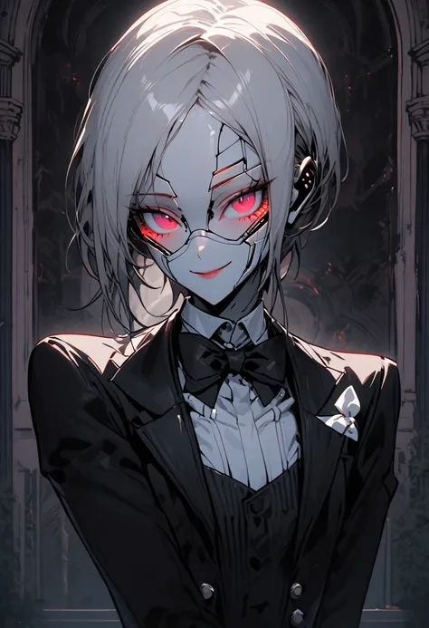 solo, close up, androgynous, butler uniform, robot, led display face, bow tie, slender, thin waist, polite, friendly, servile pose, polite smile, mansion, friendly