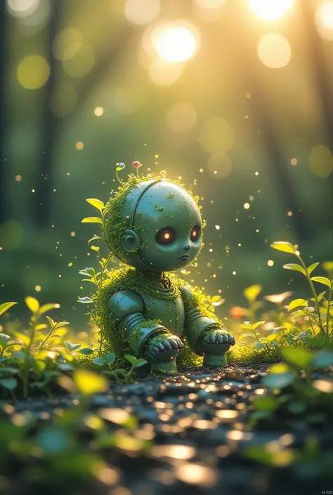 (La Best quality,high resolution,Very detailed,Practical),Abandoned old robot，Covered with plants，The sun shines on me（ （（sunrise））），Light warm color（ （（A sunny masterpiece）））， （（Best quality））， （（intricate details））（8K）