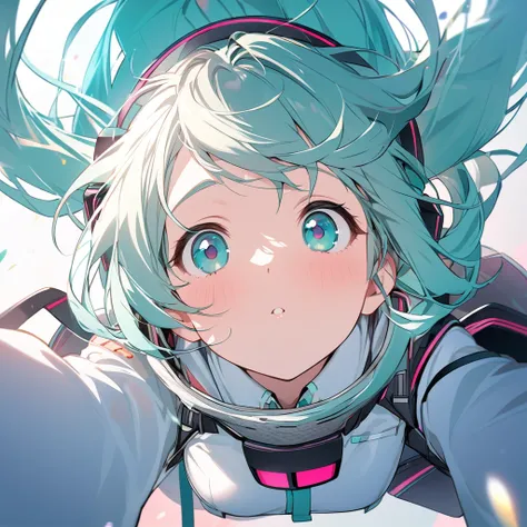 Hatsune Miku、Girl、See-through、uniform、Close-up of face、Looking up、Top view、Looking at the camera、