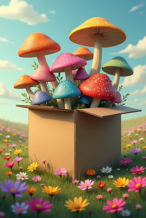 Mushrooms coming out of a box in a field of flowers: An open field full of wildflowers, with a cardboard box in the center. Colorful mushrooms are emerging from the box, blending with the flowers, creating a vibrant contrast.