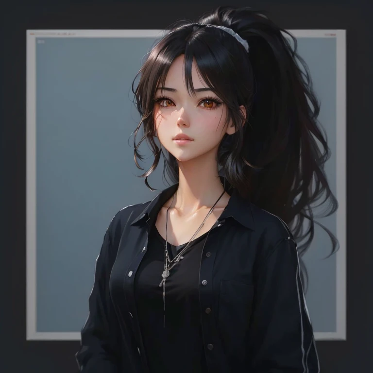 A woman with long hair tied in a ponytail and wearing a black shirt, Realistic art, Realistic art style, Realistic 3D anime style, 🤤 Portrait of a young girl, สไตล์Realistic art, Realistic anime style, Cute realistic girl painting, Realistic anime style, A...