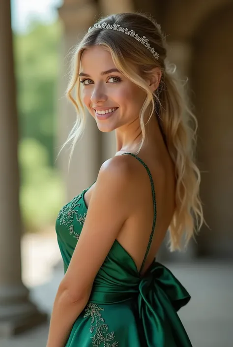 Ultra realistic shot of a full body portrait of an ultra realistic young blonde 20 year old German flower girl with ponytail, headband, Necklace, smile. She playfully bends in front of the camera in a shiny, metallic dark green satin evening dress with str...