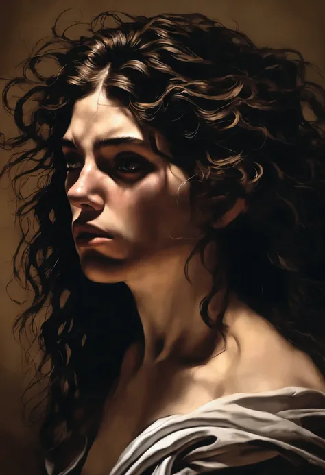 caravaggio painting; high contrast; a beautiful naked woman, tortured and enraged, feral and animalistic, detailed facial features, intense eyes, flowing hair, tattered clothing, dramatic lighting, cinematic, moody colors, dark fantasy, 4k, highly detailed...