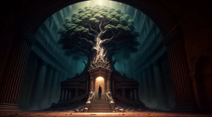 Chronos Portal, tree, galaxy, reading golden ornate book, evening, glow, sunset, fantasy landscape, ancient ruins, glowing portal, majestic tree, swirling nebula, ornate book, golden light, dramatic lighting, moody atmosphere, cinematic composition, intric...