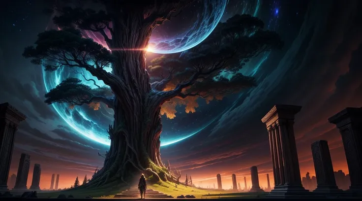 Chronos Portal, tree, galaxy, reading golden ornate book, evening, glow, sunset, fantasy landscape, ancient ruins, glowing portal, majestic tree, swirling nebula, ornate book, golden light, dramatic lighting, moody atmosphere, cinematic composition, intric...