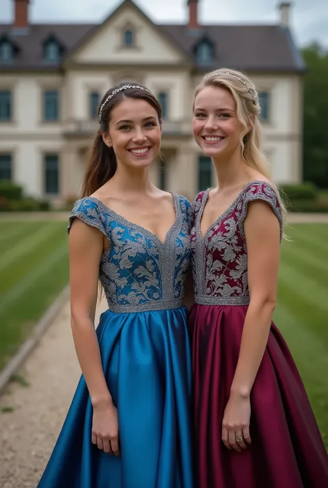 Ultra realistic shot of a full body portrait of an ultra realistic young brunette 20 year old German flower girl with ponytail, headband, Necklace, smile. She playfully bends in front of the camera in a shiny, metallic dark blue satin evening dress with st...