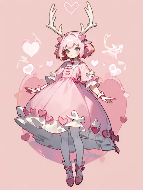 ((Concept Art)), ((Full Length)), ((Girl)), (Cute), (Short), ((White Skin)), (White Hair), (Curly Hair), (Short Hair ), ((gray eyes with white hearts), ((half deer)), ((deer antlers and ears)), (cute dress), (pink dress), ((pink clothes)), (pink hair clips...