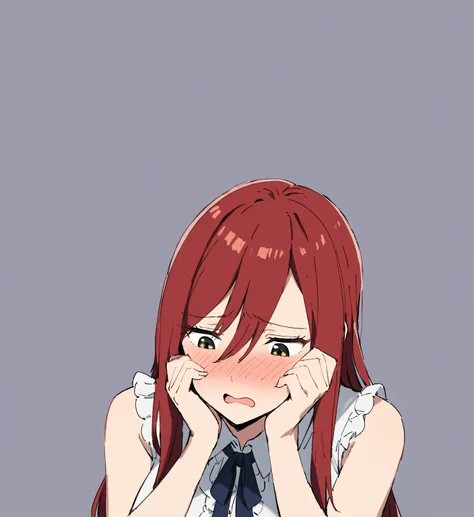 masterpiece, best quality, 1 girl, mature female, erza scarlet, red hair, long hair, sidelocks, hair between eyes, embarrassed, @ @, blush, open mouth, white shirt, collared shirt, frilled shirt, sleeveless shirt, ribbon, upper body, hands on own face, han...