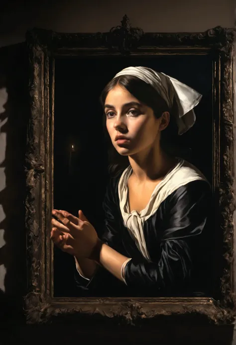 a Caravaggio style painting, deep darkness, detailed hands and eyes, hidden figure in the background, dramatic chiaroscuro lighting, oil painting, realistic, ultra-detailed, (best quality,4k,8k,highres,masterpiece:1.2),ultra-detailed,(realistic,photorealis...