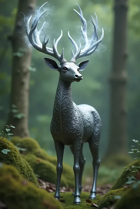 A detailed decorative metal dear with antlers that are misty like magic in a forest