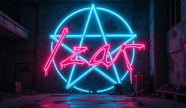 Simon Stålenhag Cyberpunk neon logo in pentagram shape graffiti lettering IZAR 