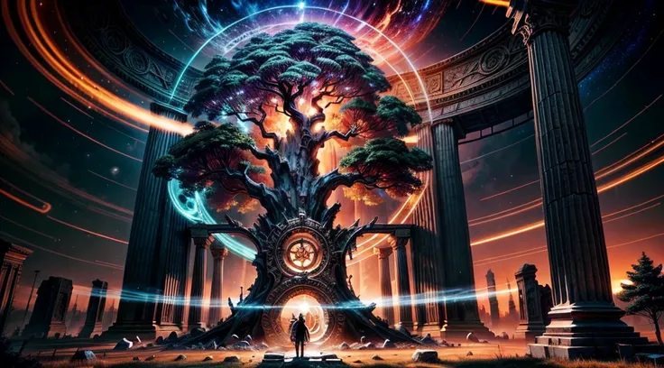 Chronos Portal, tree, galaxy, reading golden ornate book, evening, glow, sunset, fantasy landscape, ancient ruins, glowing portal, majestic tree, swirling nebula, ornate book, golden light, dramatic lighting, moody atmosphere, cinematic composition, intric...