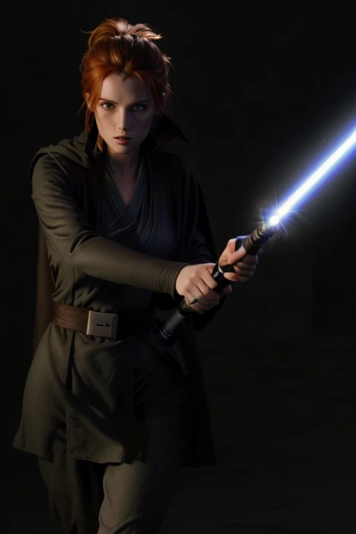 gros plan dune femme tenant un sabre laser dans une pièce sombre, female Jedi, mara jade skywalker, Jedi knight, Jedi with light saber, blonde female Jedi, avec sabre laser, avec une épée sabre laser, wearing Jedi robes, Jedi robes, wearing brown Jedi robe...