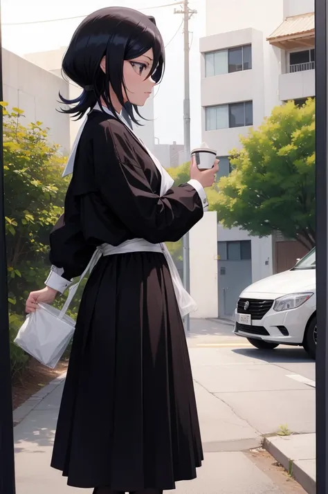 Rukia 1 girl , anime , masterpiece  , black hair.  cup of coffee,  , dark place.