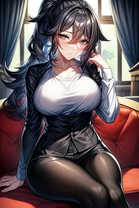 (Perfect work, Pretty face, Exquisite eyes), 1 woman, (cartoon), (woman), Black double ponytail curly long hair, Clearly defined pupils, university student, White shirt,Black pants,Calm,In the study,Sitting on the sofa and reading,morning,Curtains slightly...