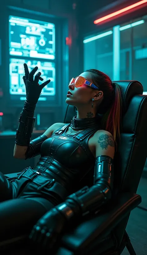 RAW photo, cyberpunk style, (wide angle shot:1.5), (full body shot:1.4) of a young woman lying in an armchair with cyber gogles on her face and mechanical gloves on hands, gestures with hands in the air, visible graphics in front of her eyes displayed on a...